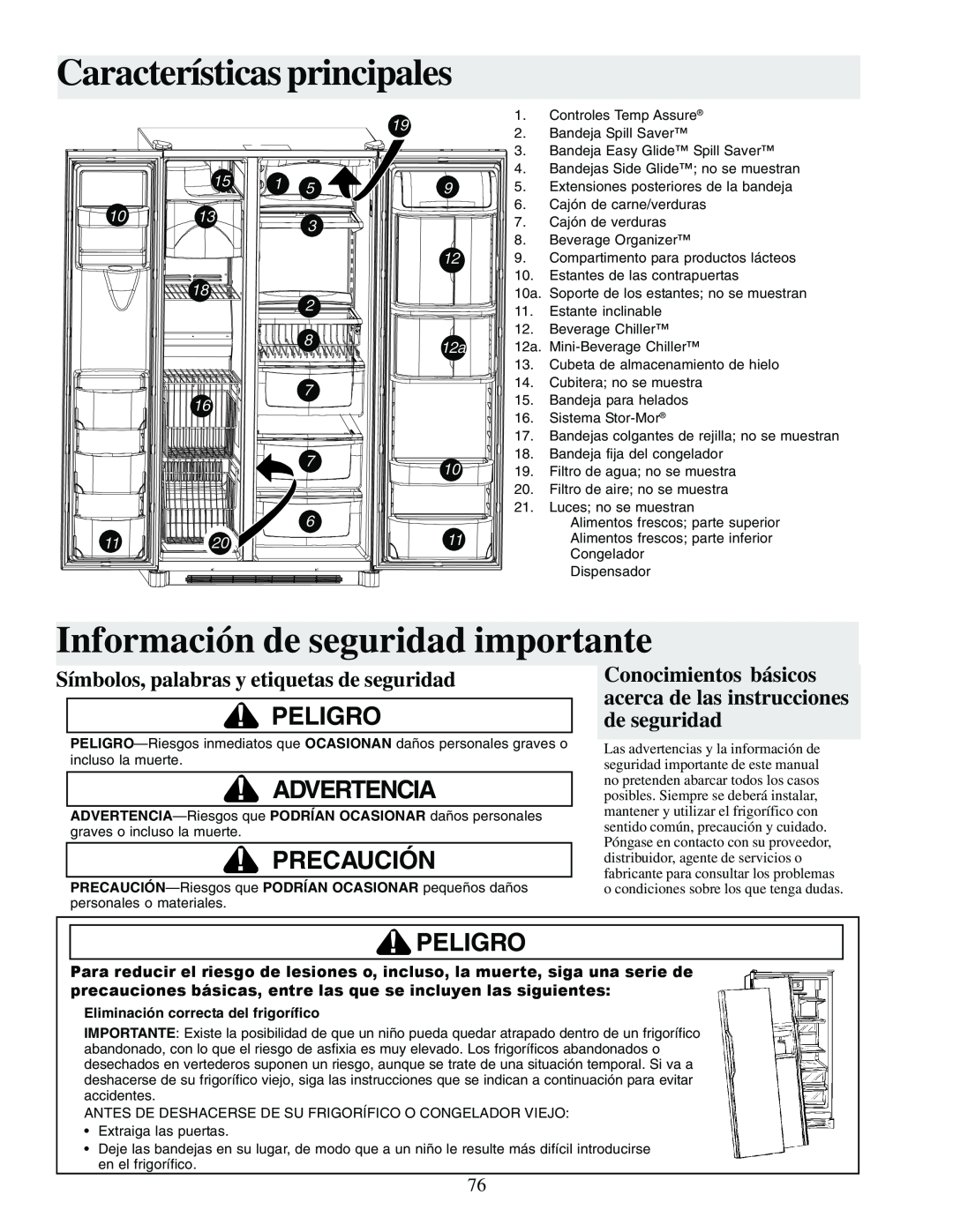 Amana XRSS687BB Características principales, Información de seguridad importante, Peligro, Advertencia, Precaución, 812a 