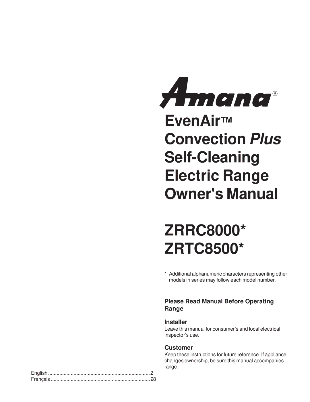 Amana ZRTC8500, ZRRC8000 owner manual Please Read Manual Before Operating Range Installer, Customer 