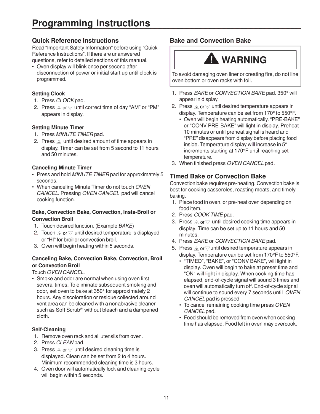 Amana ZRTC8500, ZRRC8000 owner manual Programming Instructions, Quick Reference Instructions, Bake and Convection Bake 