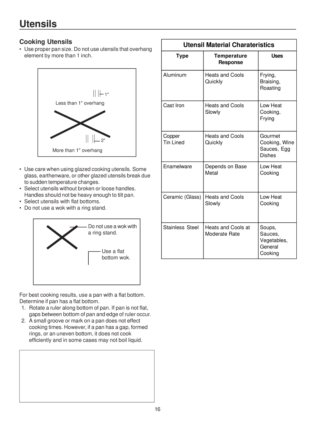 Amana ZRRC8000, ZRTC8500 owner manual Cooking Utensils, Utensil Material Charateristics, Type Temperature Uses Response 