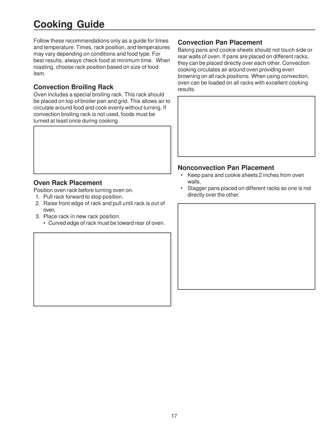 Amana ZRTC8500, ZRRC8000 owner manual Cooking Guide, Convection Broiling Rack, Oven Rack Placement, Convection Pan Placement 