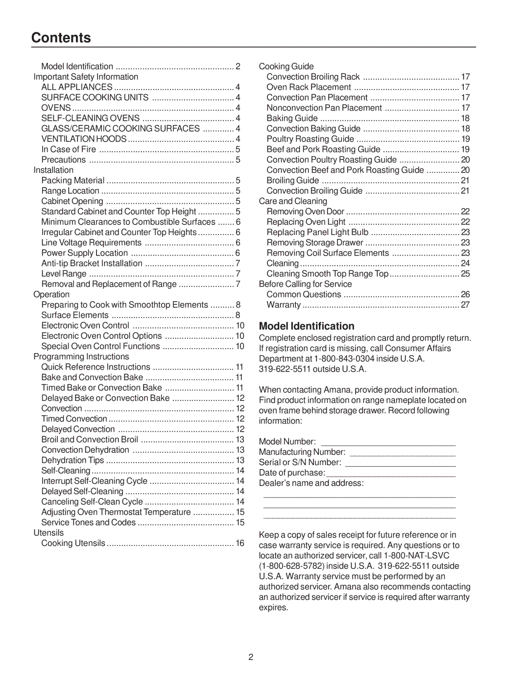 Amana ZRRC8000, ZRTC8500 owner manual Contents 