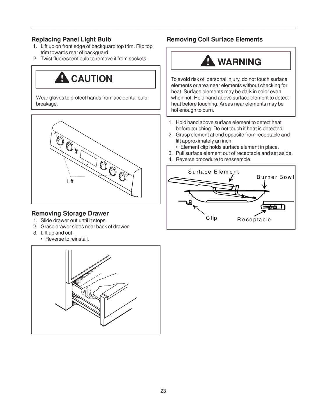 Amana ZRTC8500, ZRRC8000 owner manual Replacing Panel Light Bulb, Removing Storage Drawer, Removing Coil Surface Elements 