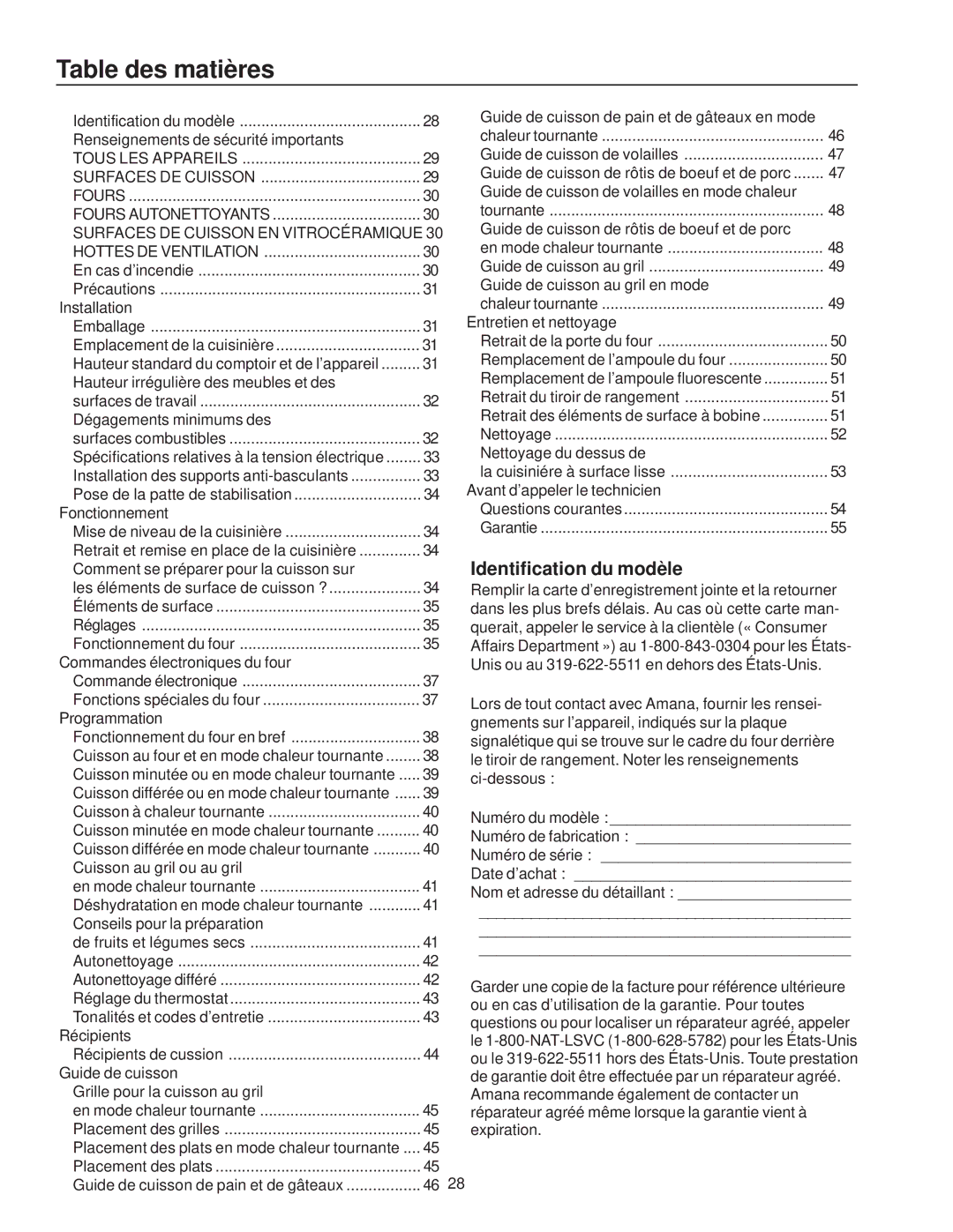 Amana ZRRC8000, ZRTC8500 owner manual Table des matières, Identification du modèle 