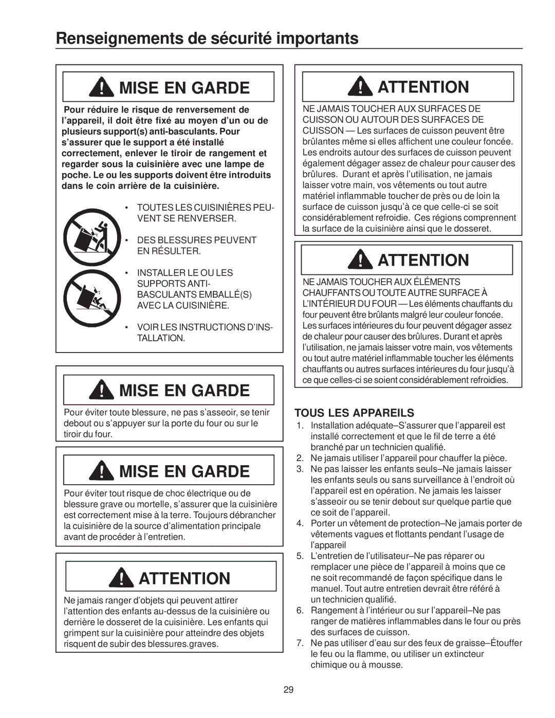 Amana ZRTC8500, ZRRC8000 owner manual Renseignements de sécurité importants, Mise EN Garde 