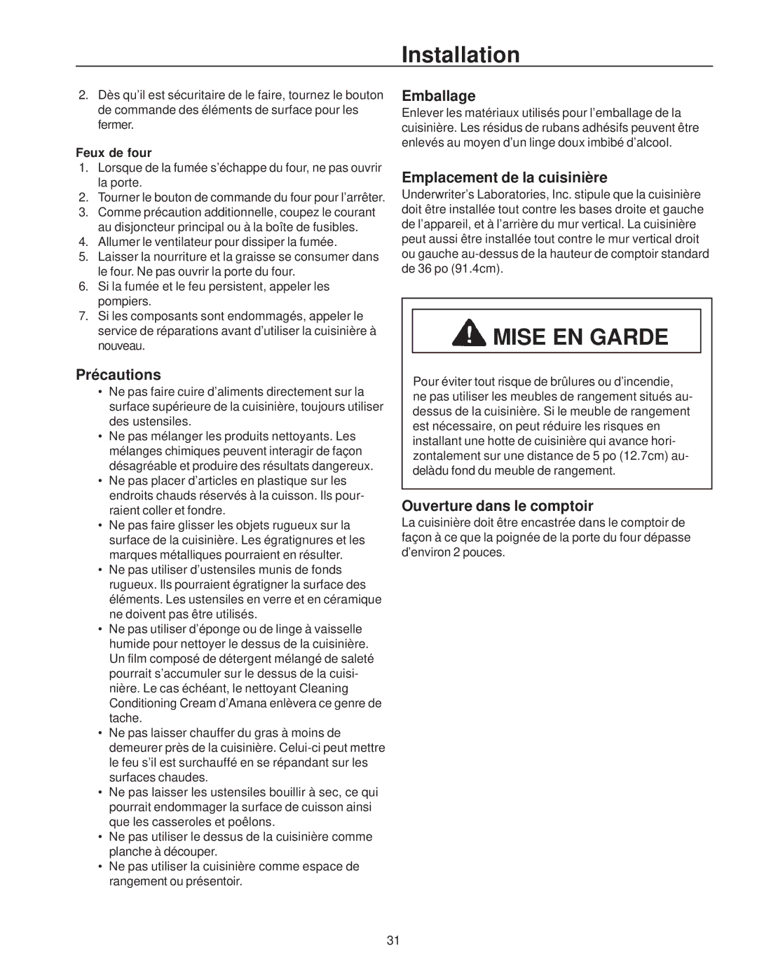 Amana ZRTC8500, ZRRC8000 Précautions, Emballage, Emplacement de la cuisinière, Ouverture dans le comptoir, Feux de four 