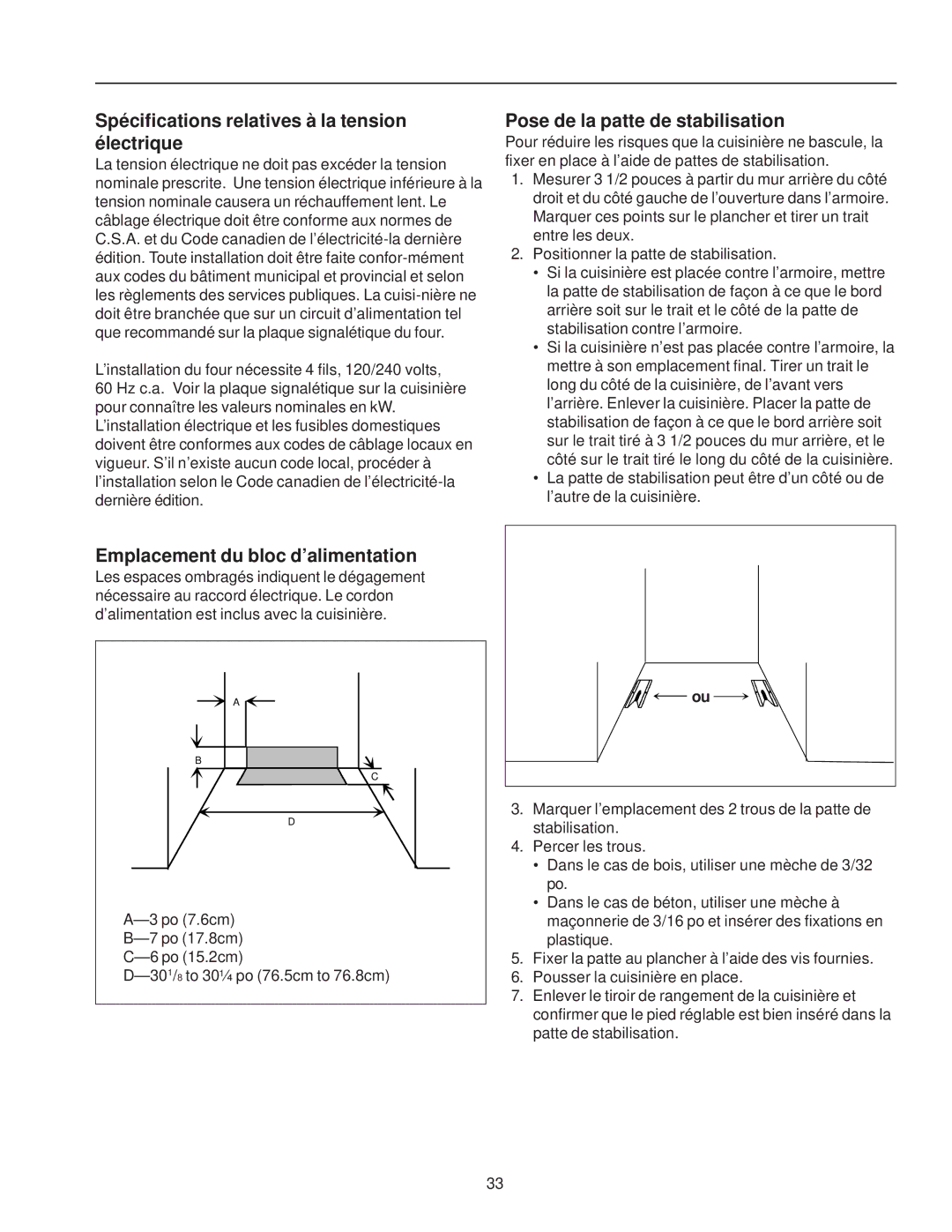 Amana ZRTC8500, ZRRC8000 owner manual Spécifications relatives à la tension électrique, Pose de la patte de stabilisation 