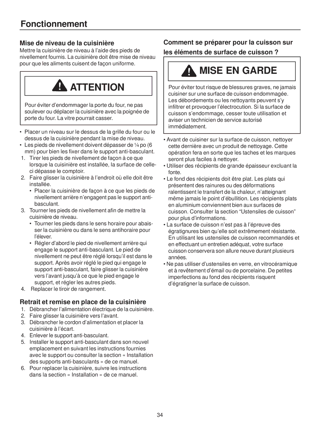 Amana ZRRC8000, ZRTC8500 owner manual Mise de niveau de la cuisinière, Retrait et remise en place de la cuisinière 