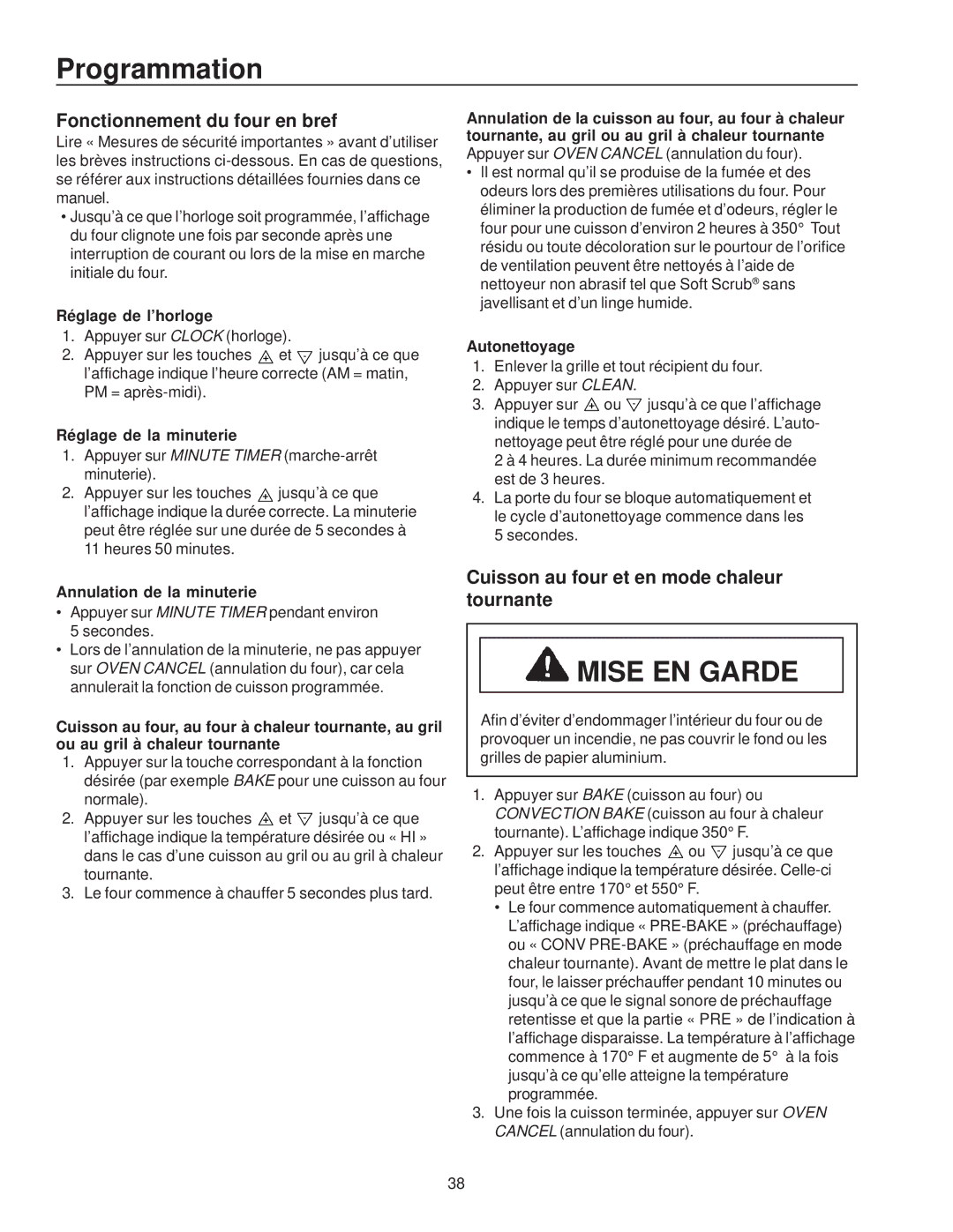 Amana ZRRC8000, ZRTC8500 Programmation, Fonctionnement du four en bref, Cuisson au four et en mode chaleur tournante 