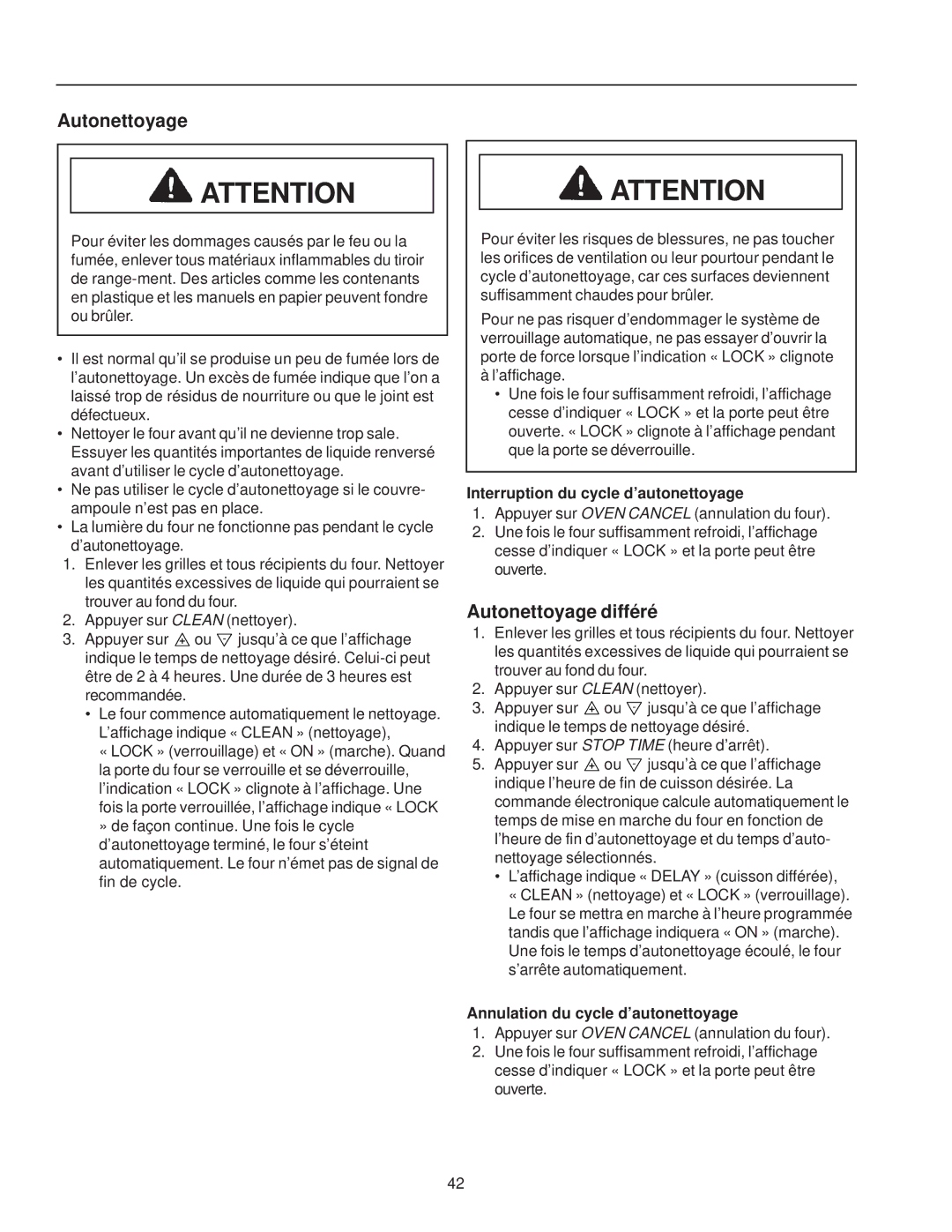 Amana ZRRC8000 Autonettoyage différé, Interruption du cycle d’autonettoyage, Annulation du cycle d’autonettoyage 