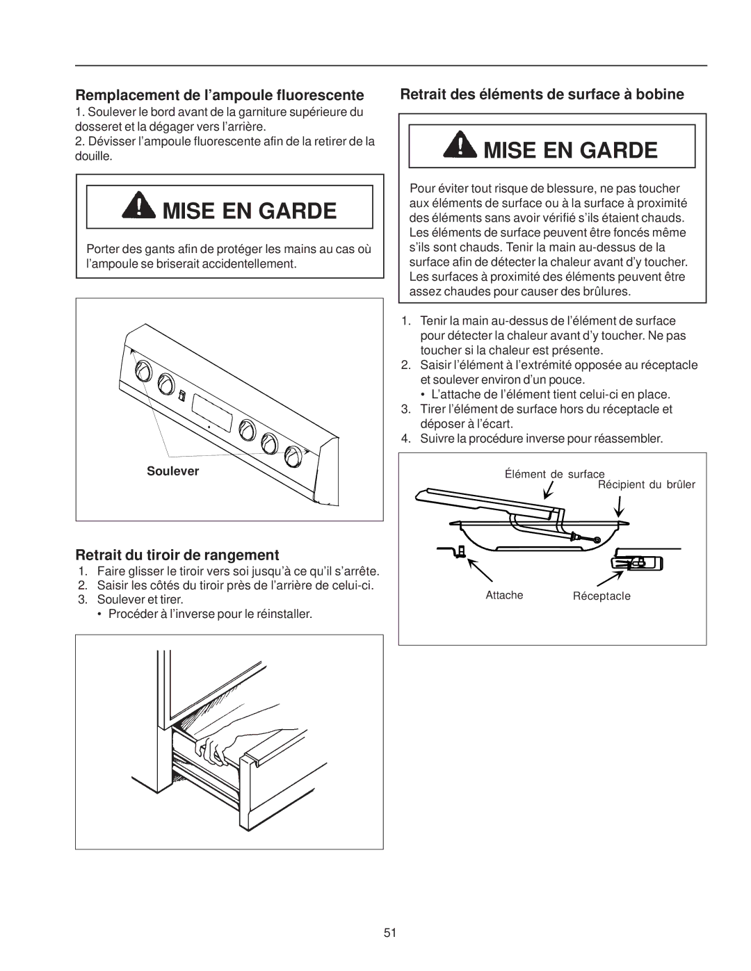 Amana ZRTC8500, ZRRC8000 owner manual Remplacement de l’ampoule fluorescente, Retrait du tiroir de rangement, Soulever 