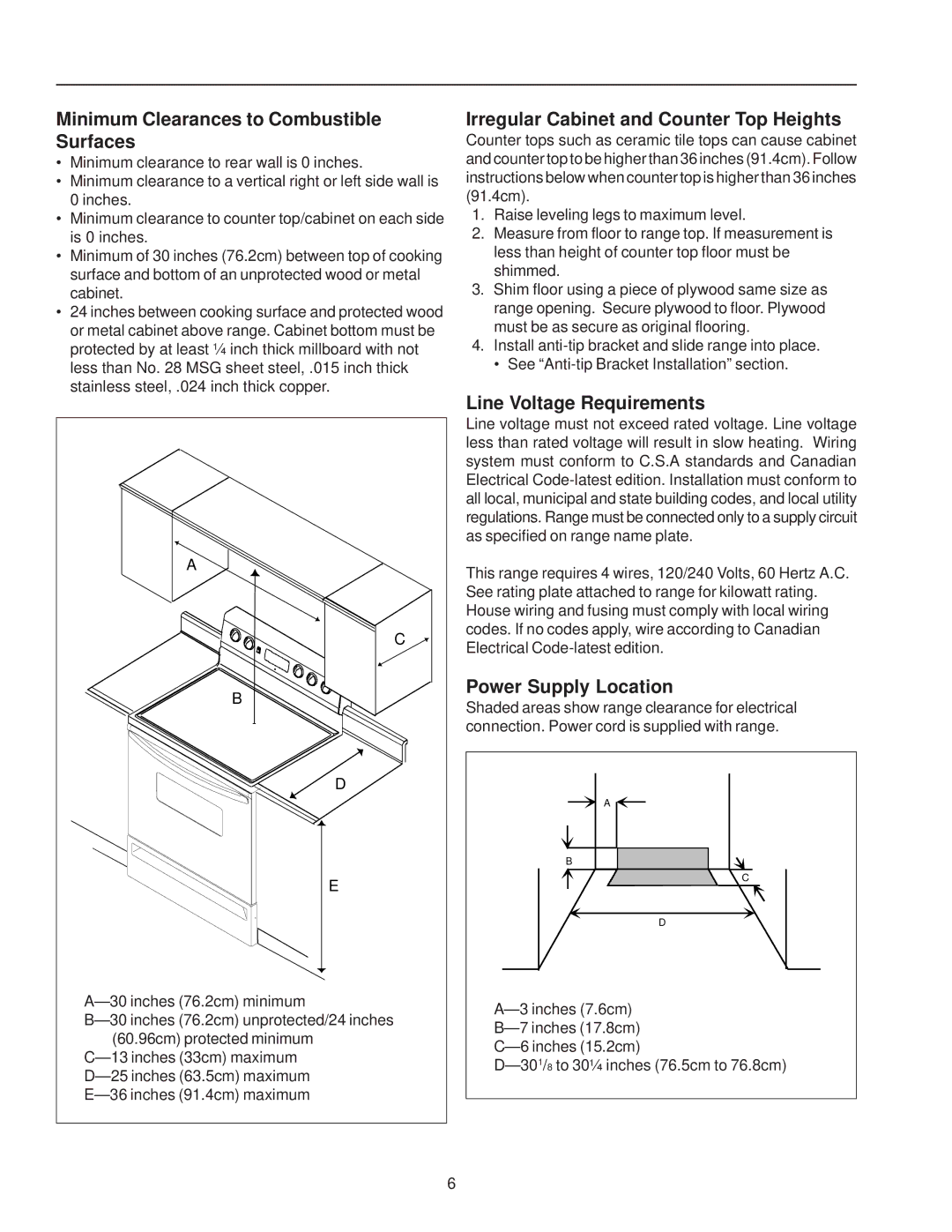 Amana ZRRC8000, ZRTC8500 owner manual Minimum Clearances to Combustible Surfaces, Irregular Cabinet and Counter Top Heights 