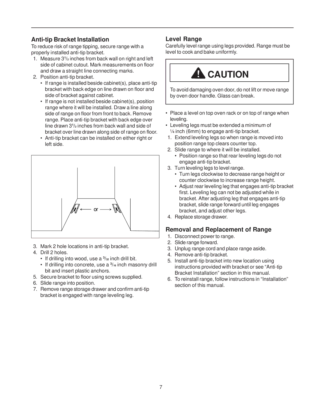 Amana ZRTC8500, ZRRC8000 owner manual Anti-tip Bracket Installation, Level Range, Removal and Replacement of Range 