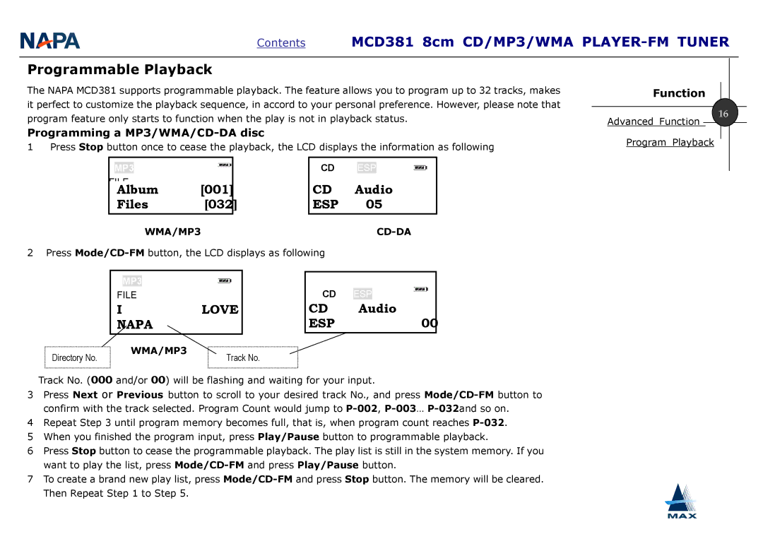 AMAX Tech MCD381 manual Programmable Playback, Programming a MP3/WMA/CD-DA disc 