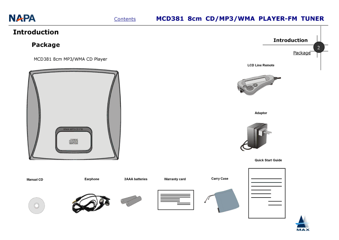 AMAX Tech manual Introduction, Package, MCD381 8cm MP3/WMA CD Player 