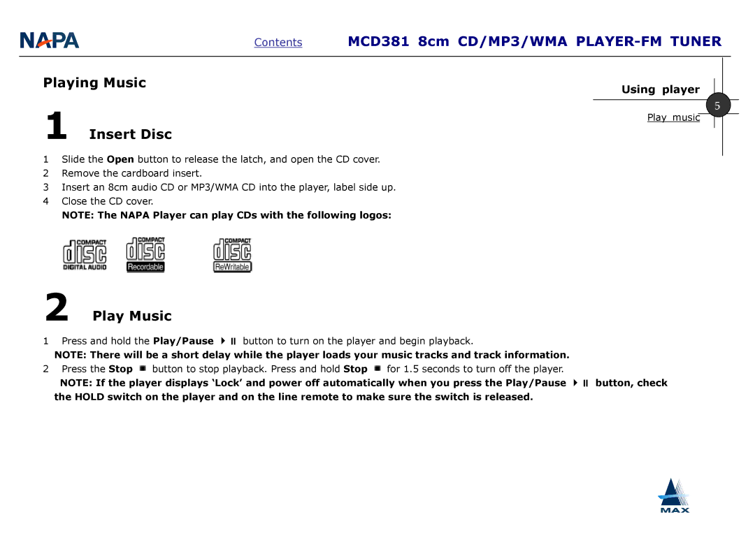 AMAX Tech MCD381 manual Playing Music Insert Disc, Play Music, Button, check 
