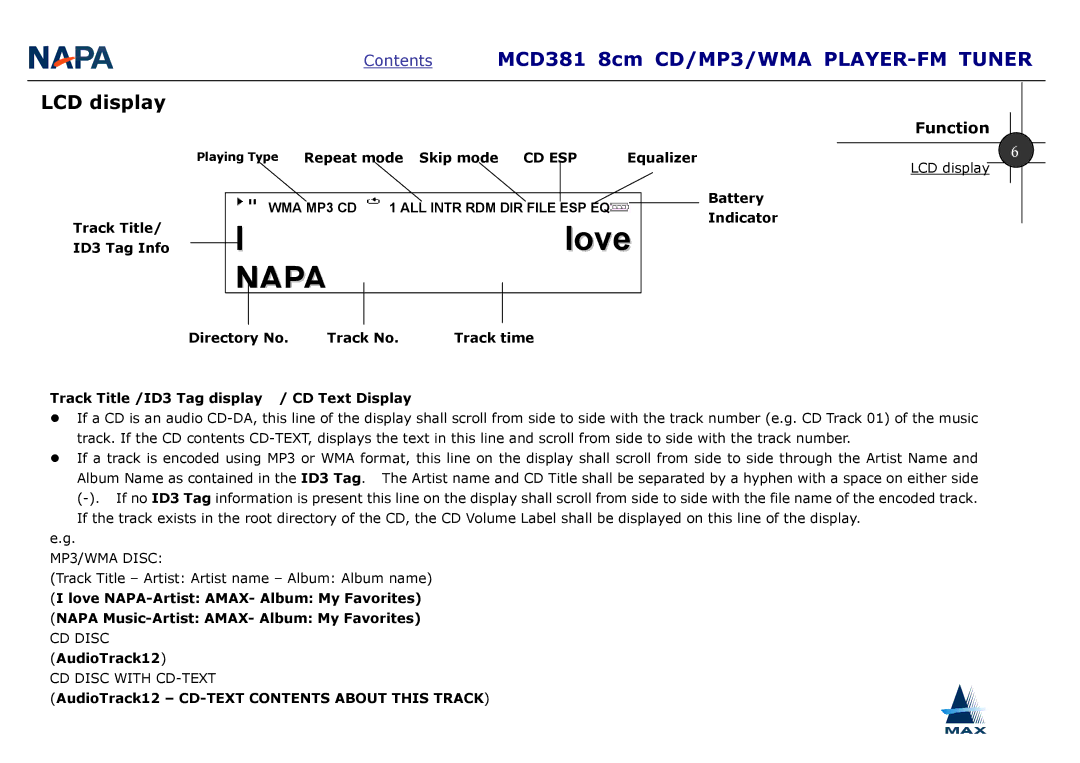 AMAX Tech MCD381 manual LCD display, Function, AudioTrack12 CD-TEXT Contents about this Track 