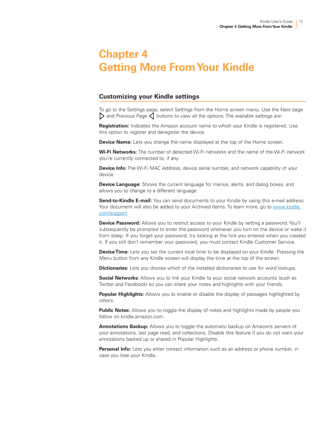 Amazon 23-000466-01 manual Chapter Getting More From Your Kindle, Customizing your Kindle settings 