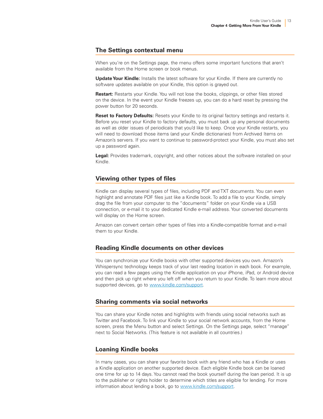 Amazon 23-000466-01 manual Settings contextual menu, Viewing other types of files, Loaning Kindle books 