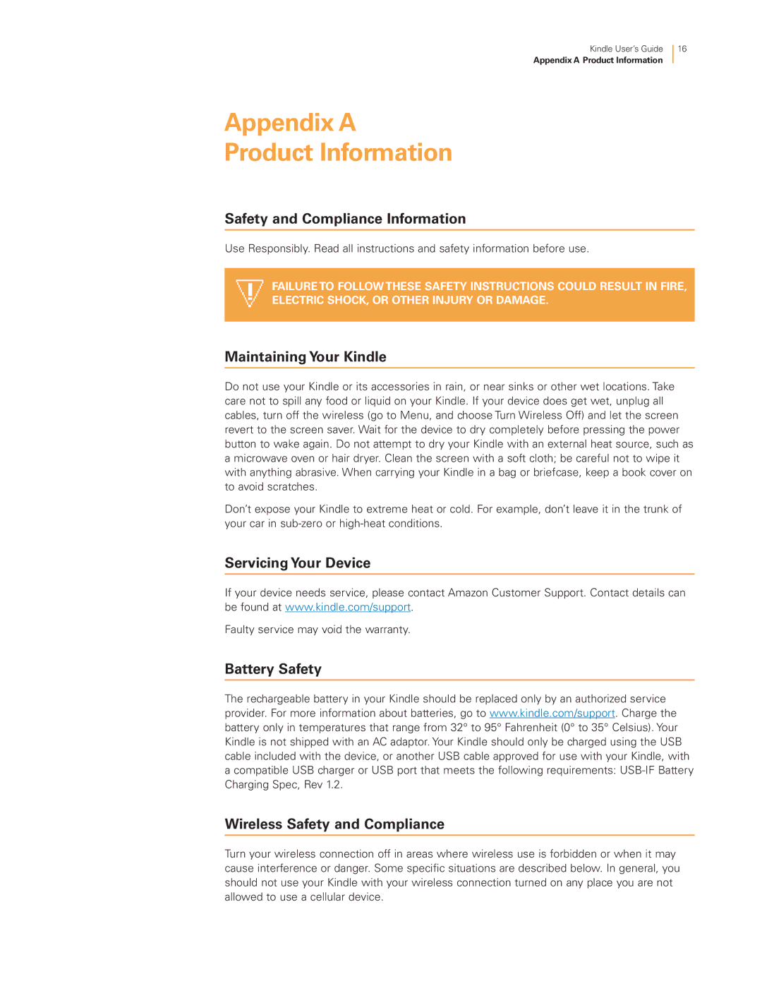 Amazon 23-000466-01 manual Appendix a Product Information, Safety and Compliance Information, Maintaining Your Kindle 
