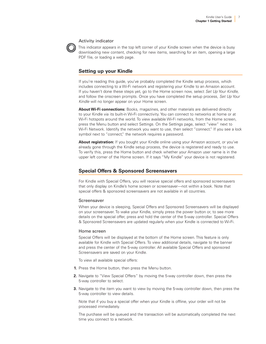 Amazon 23-000466-01 manual Setting up your Kindle, Special Offers & Sponsored Screensavers 