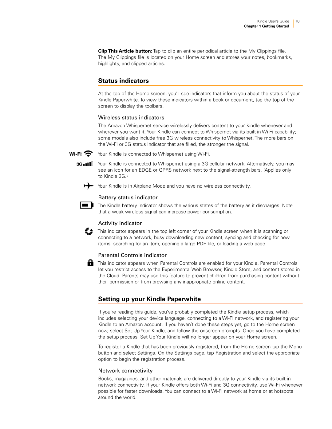 Amazon 23-000491-01 manual Status indicators, Setting up your Kindle Paperwhite 