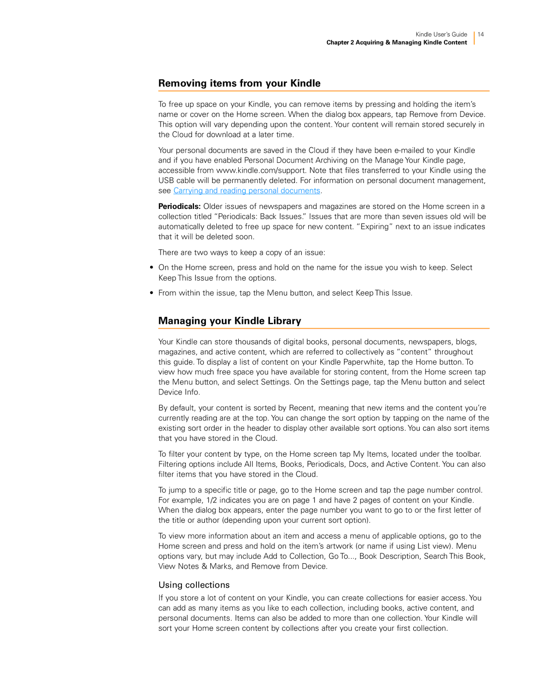 Amazon 23-000491-01 manual Removing items from your Kindle, Managing your Kindle Library, Using collections 