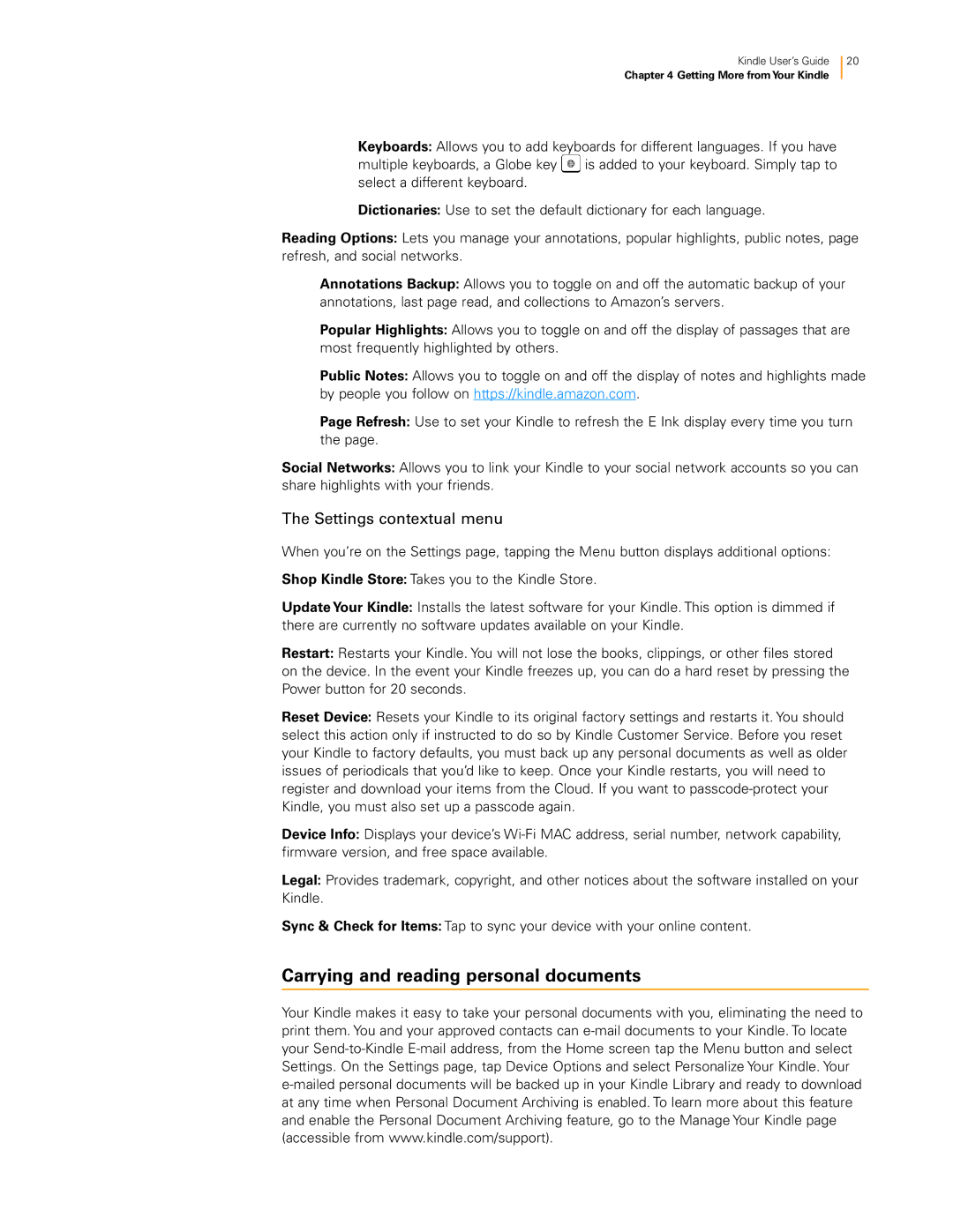 Amazon 23-000491-01 manual Carrying and reading personal documents, Settings contextual menu 