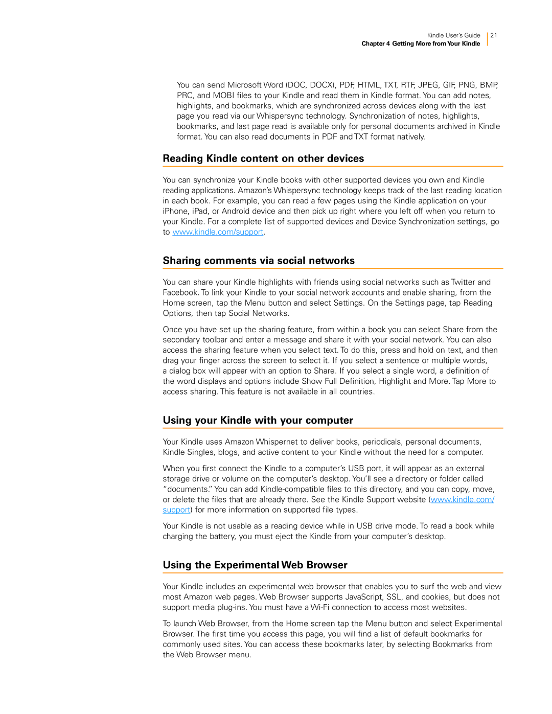 Amazon 23-000491-01 manual Using your Kindle with your computer, Using the Experimental Web Browser 