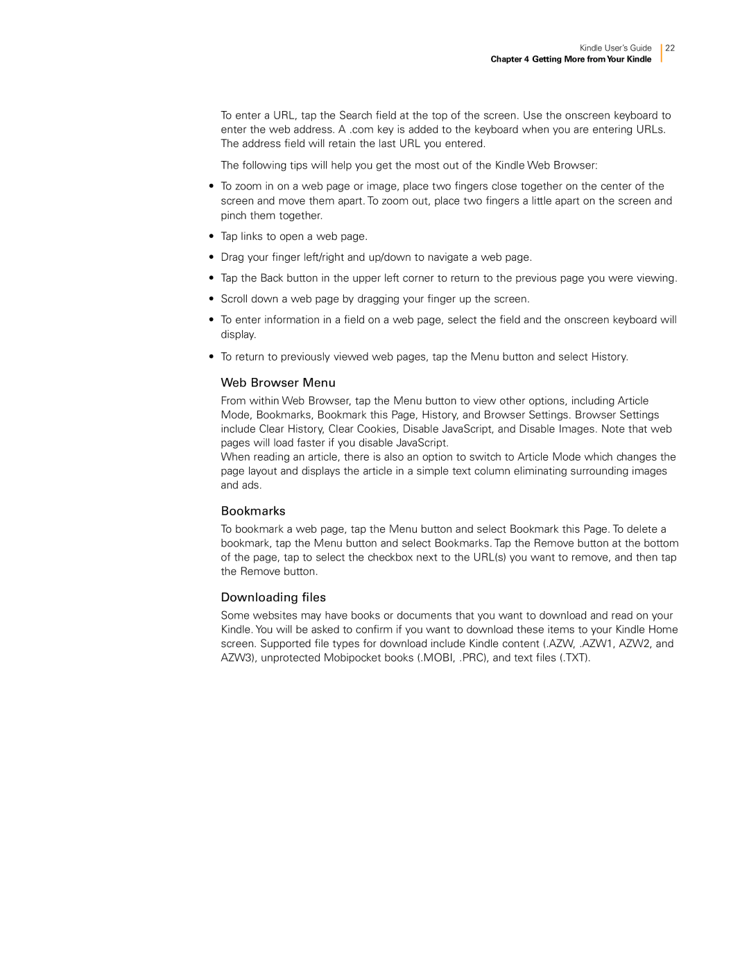 Amazon 23-000491-01 manual Web Browser Menu, Bookmarks, Downloading files 