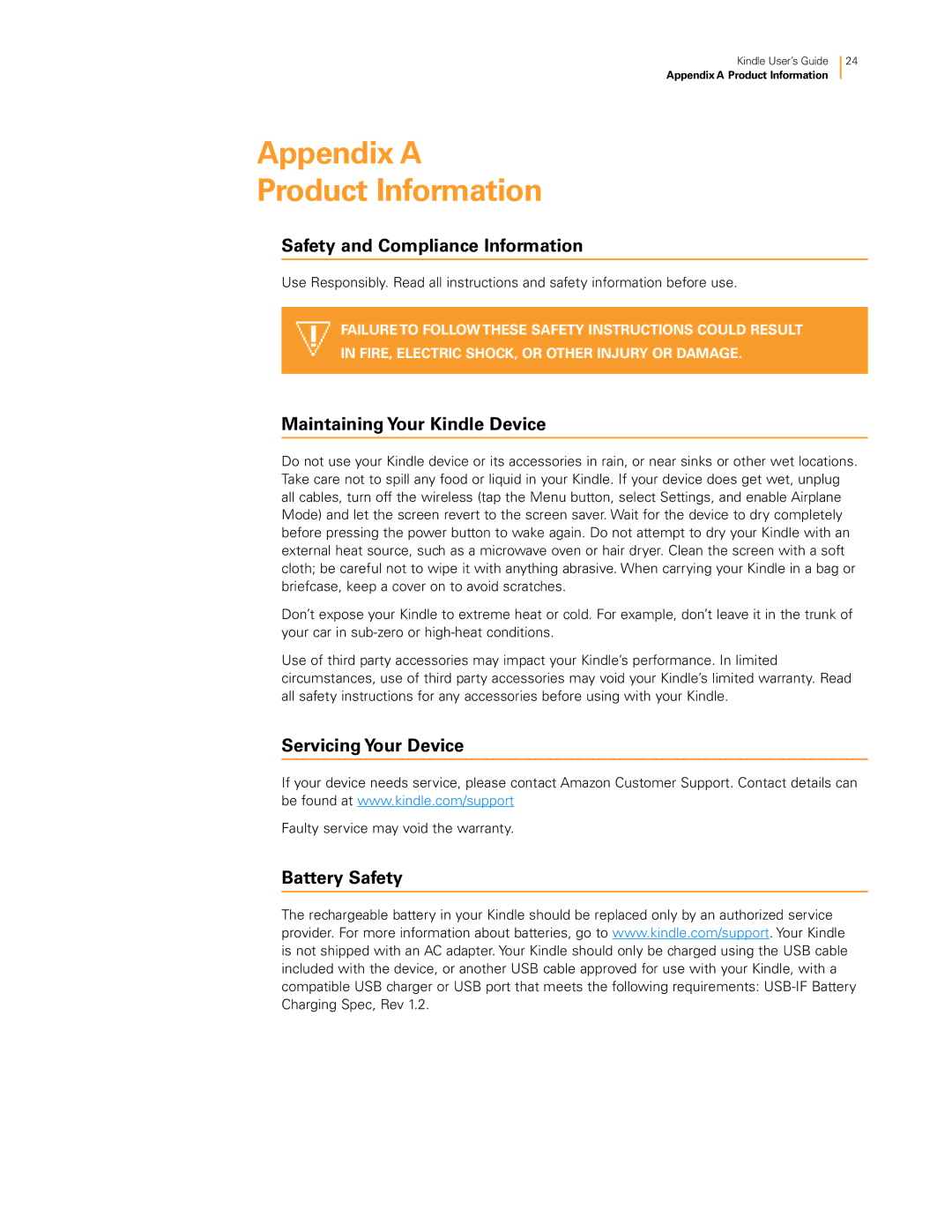 Amazon 23-000491-01 Appendix a Product Information, Safety and Compliance Information, Maintaining Your Kindle Device 