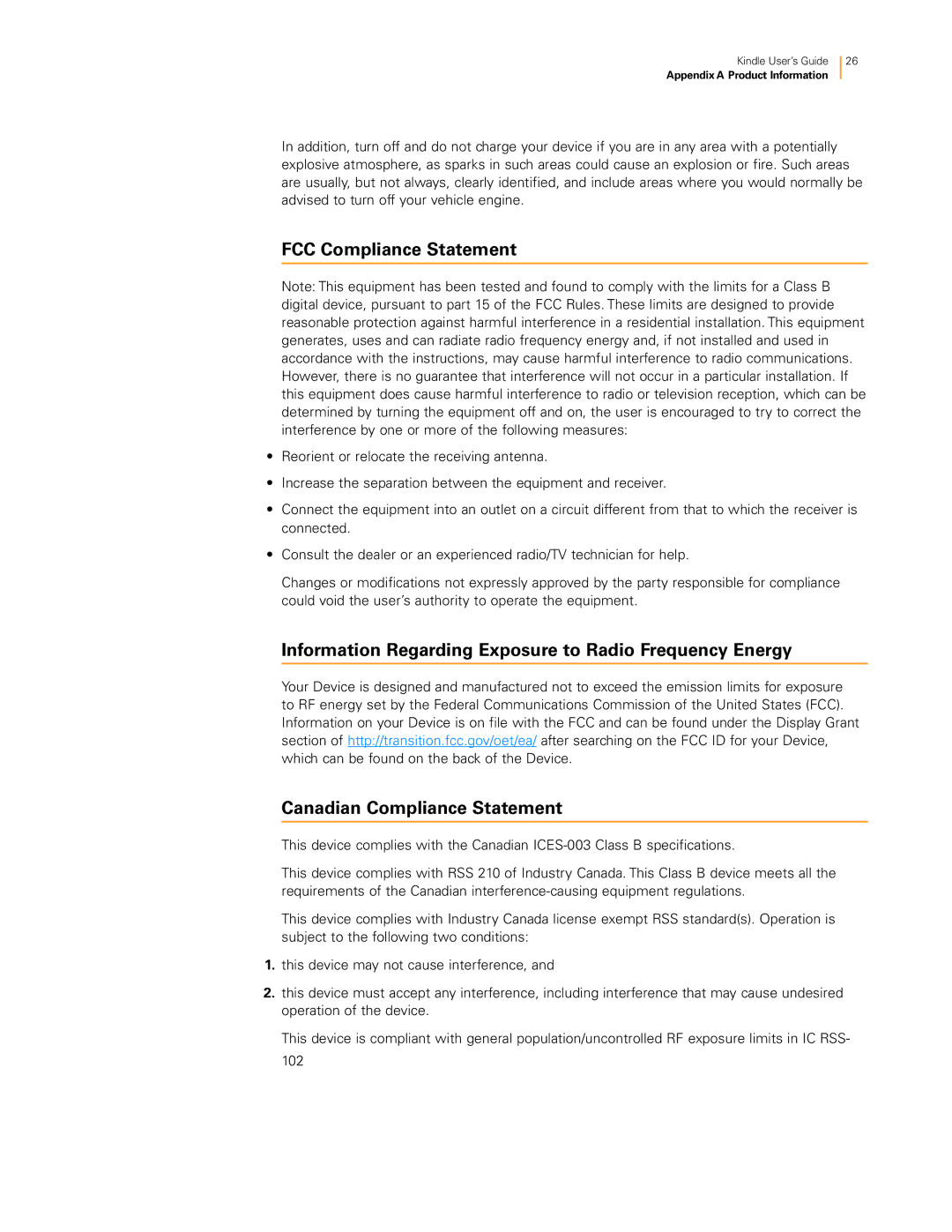 Amazon 23-000491-01 manual FCC Compliance Statement, Information Regarding Exposure to Radio Frequency Energy 