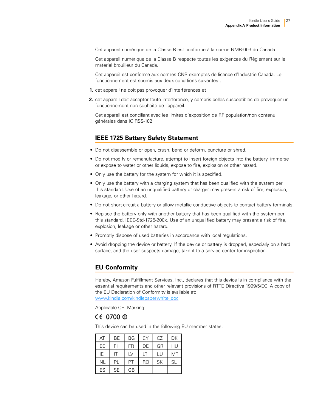 Amazon 23-000491-01 manual Ieee 1725 Battery Safety Statement, EU Conformity 