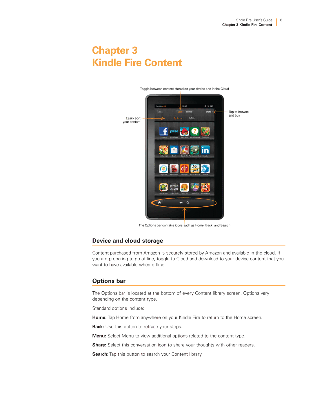 Amazon B0083PWAPW, B00BHJRYYS, B008GFREAU, B008GFRE5A, B00BWYQ9YE Kindle Fire Content, Device and cloud storage, Options bar 