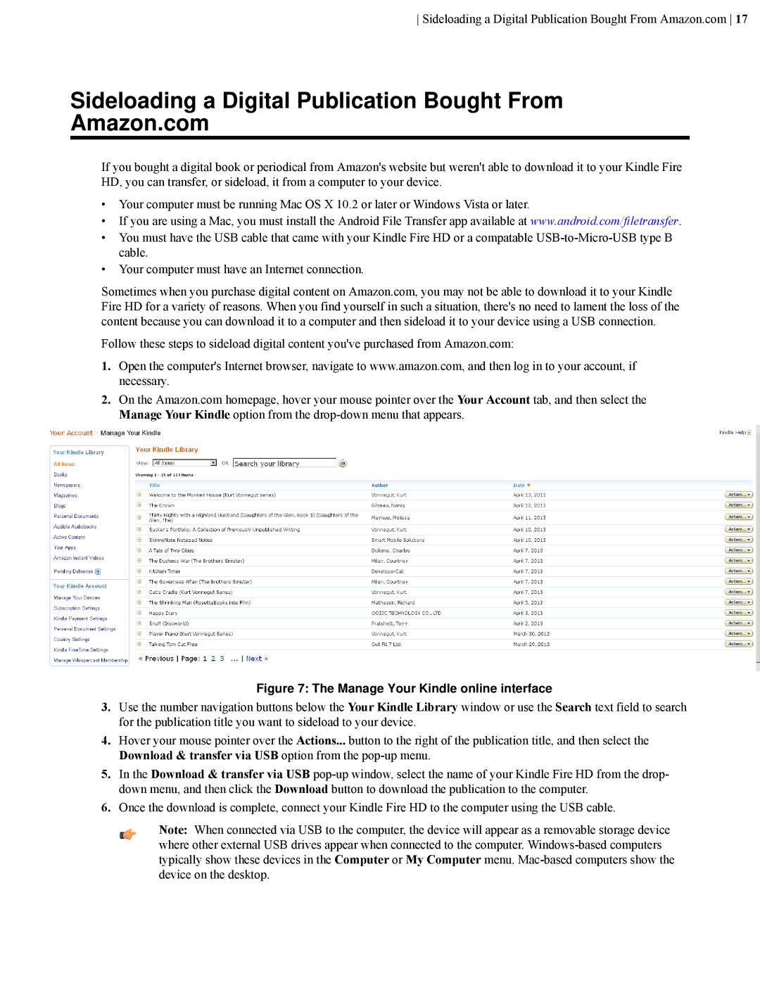 Amazon B00CU0NSCU manual Sideloading a Digital Publication Bought From Amazon.com, Manage Your Kindle online interface 