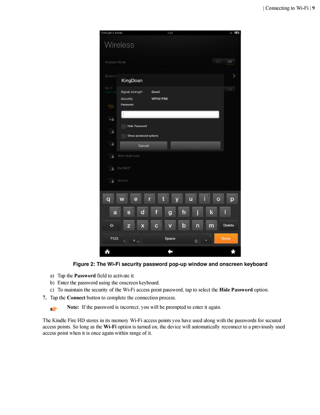 Amazon B00CU0NSCU manual Wi-Fi security password pop-up window and onscreen keyboard 