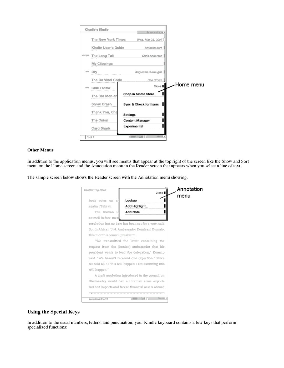 Amazon D00111 manual Using the Special Keys, Other Menus 