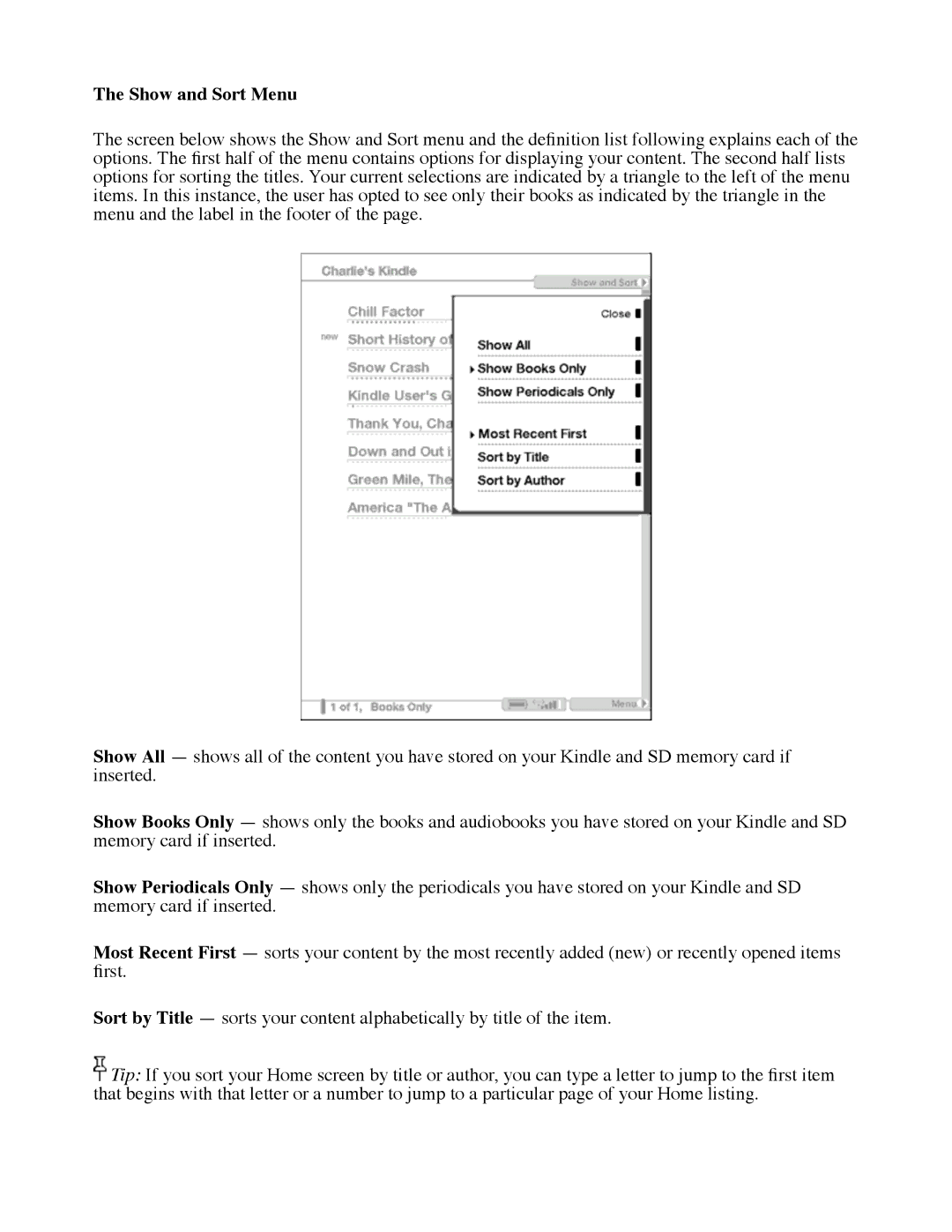 Amazon D00111 manual Show and Sort Menu 