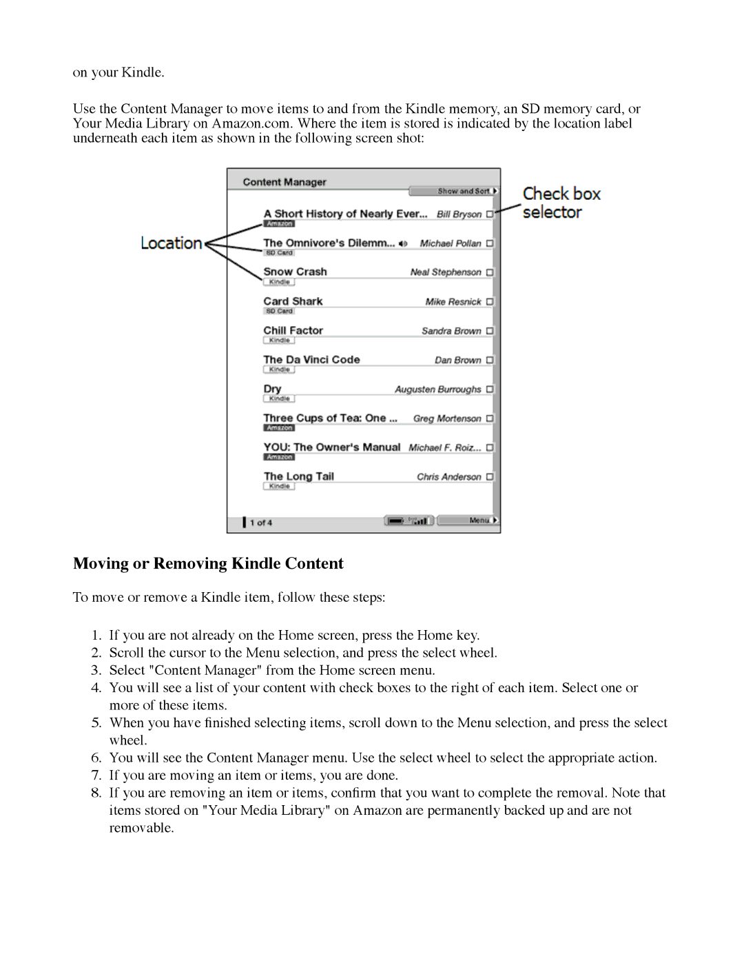 Amazon D00111 manual Moving or Removing Kindle Content 