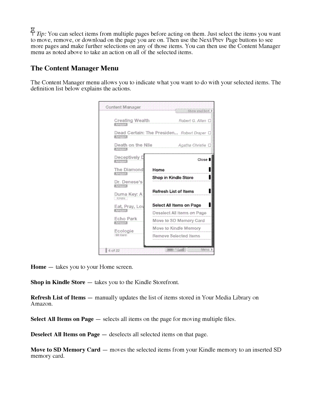 Amazon D00111 manual Content Manager Menu 