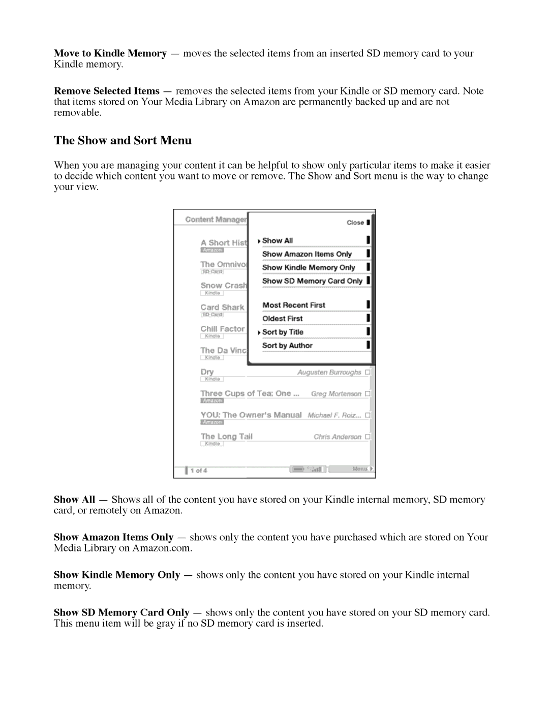 Amazon D00111 manual Show and Sort Menu 