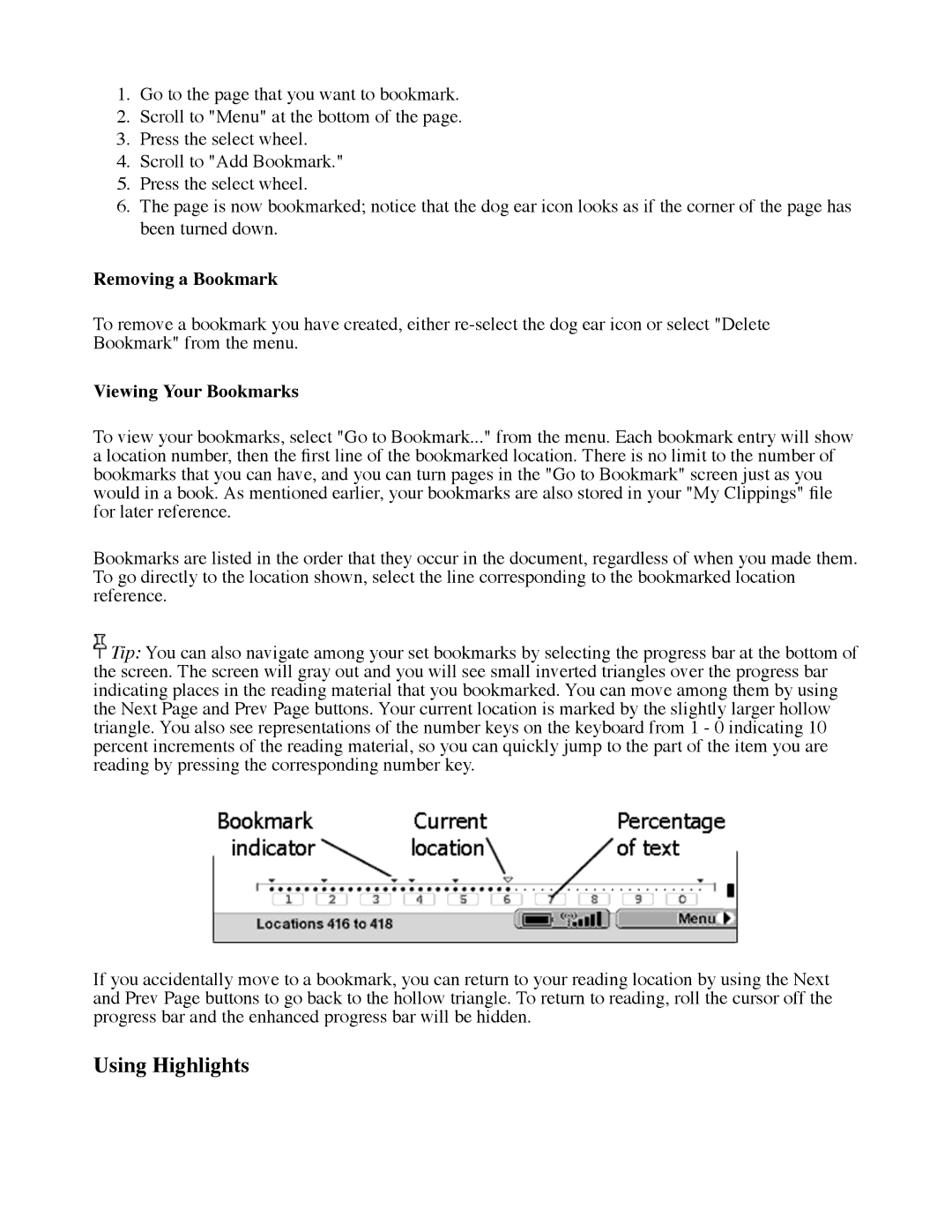 Amazon D00111 manual Using Highlights, Removing a Bookmark, Viewing Your Bookmarks 