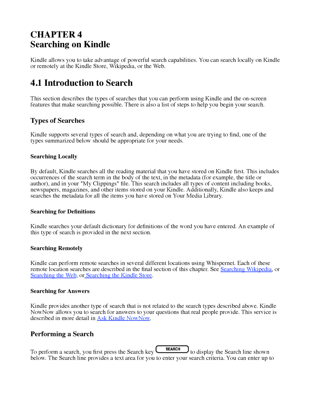 Amazon D00111 manual Searching on Kindle, Introduction to Search, Types of Searches, Performing a Search 