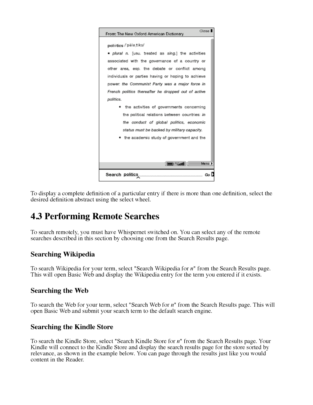 Amazon D00111 manual Performing Remote Searches, Searching Wikipedia, Searching the Web, Searching the Kindle Store 