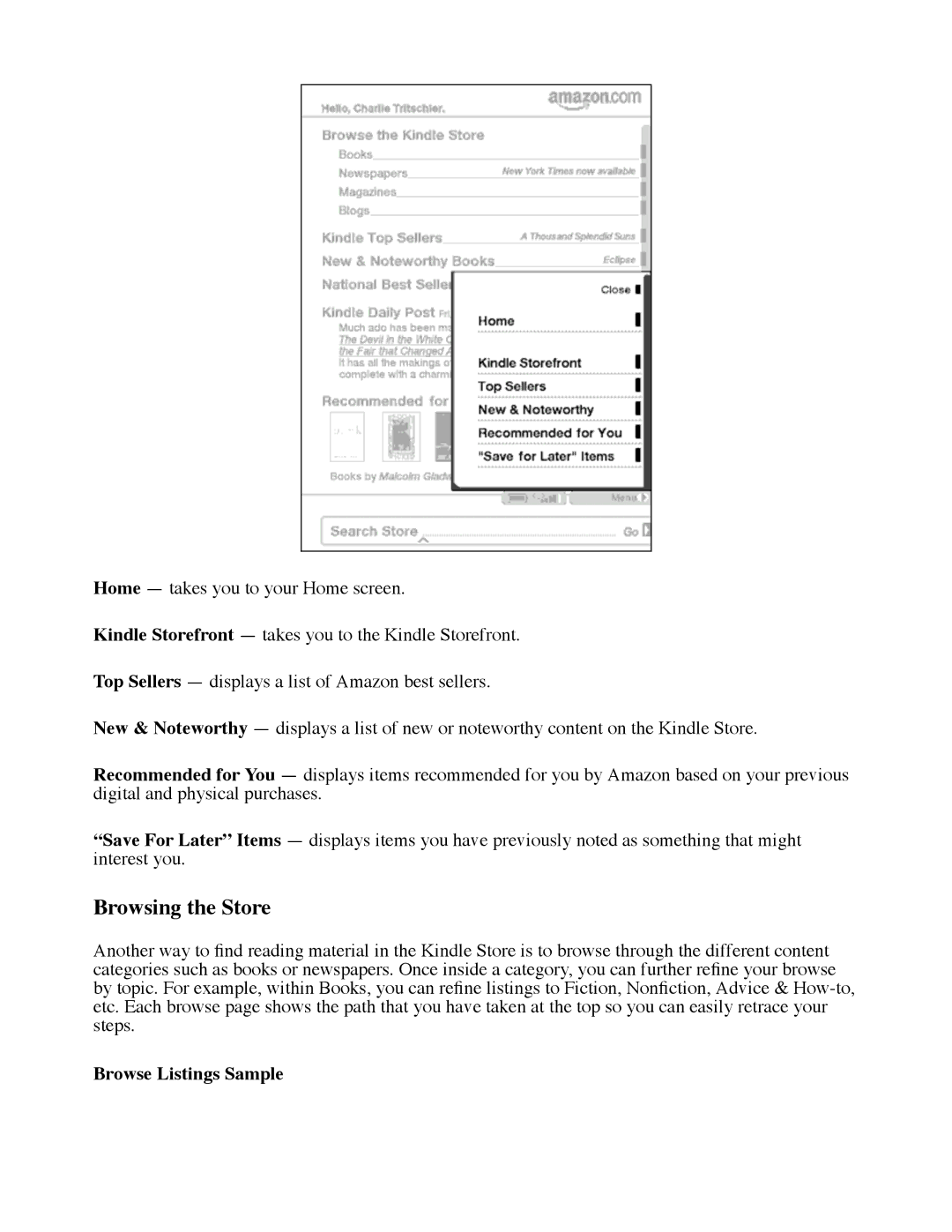 Amazon D00111 manual Browsing the Store, Browse Listings Sample 