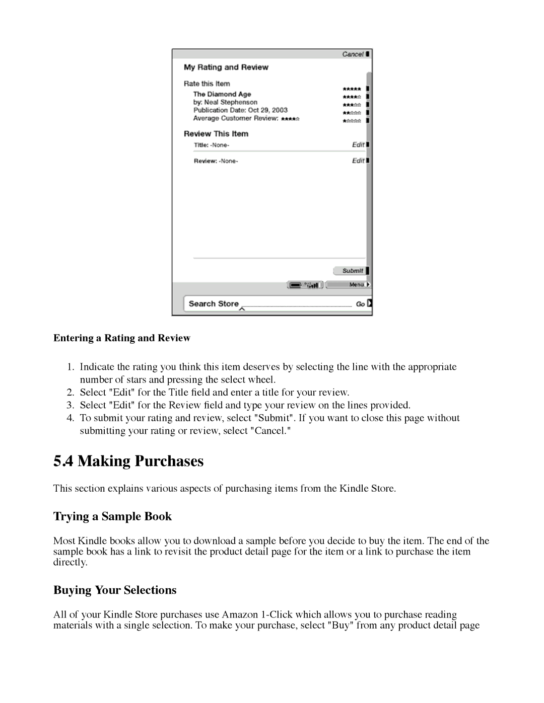 Amazon D00111 manual Making Purchases, Trying a Sample Book, Buying Your Selections, Entering a Rating and Review 