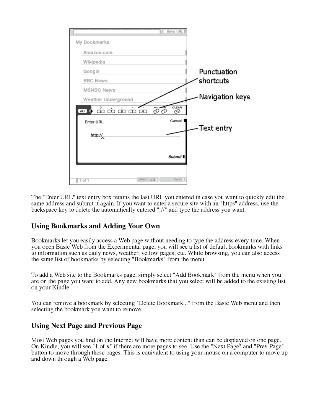 Amazon D00111 manual Using Bookmarks and Adding Your Own, Using Next Page and Previous 