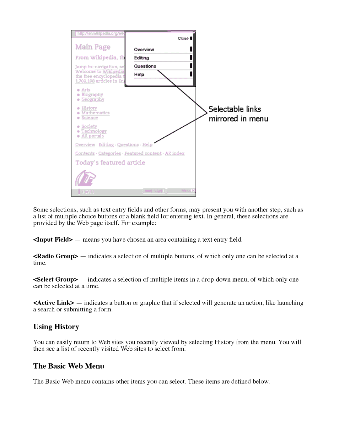 Amazon D00111 manual Using History, Basic Web Menu 