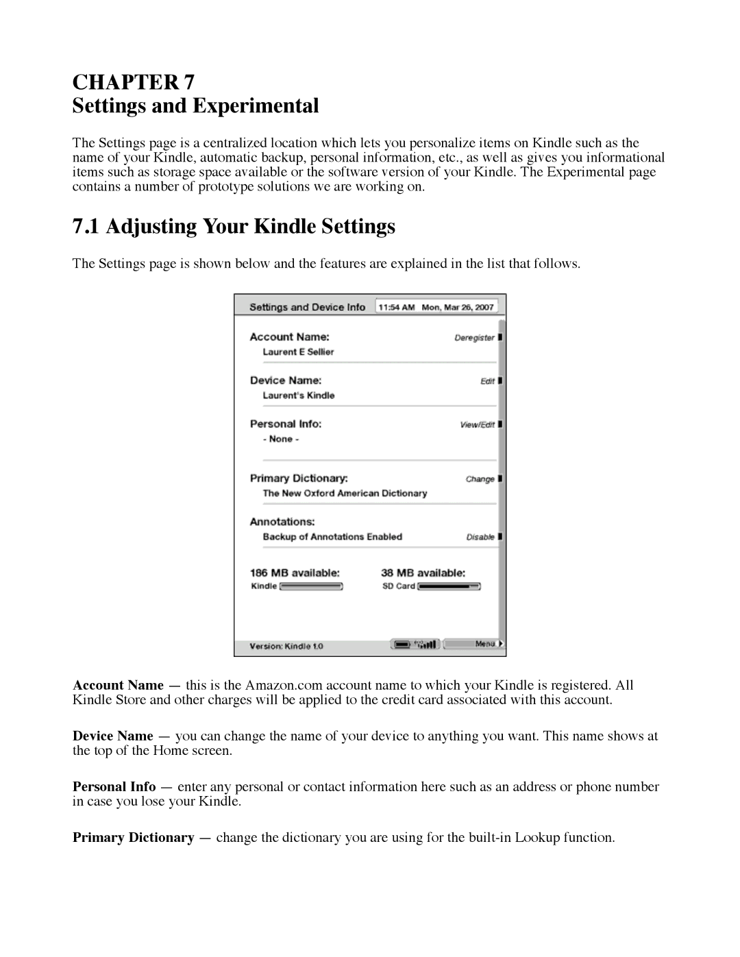 Amazon D00111 manual Settings and Experimental, Adjusting Your Kindle Settings 