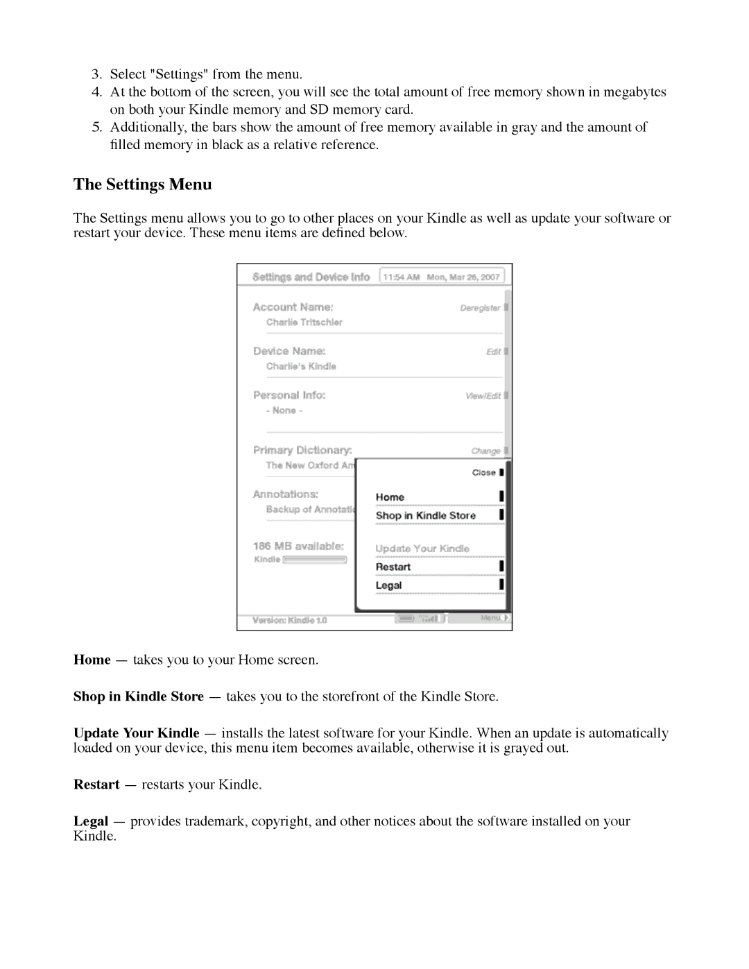 Amazon D00111 manual Settings Menu 